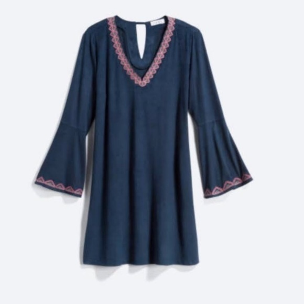 Anthropologie THML Bell‎ Sleeve Shift Dress Small Navy Blue Embroidered